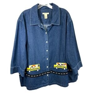 VTG Bechamel Plus Sz 3X Denim Top School Bus Embroidered Blue Button Teacher 168